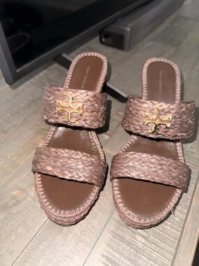 Tory Burch Braided Double-Strap Slide Sandals in Brown with Gold Logo
